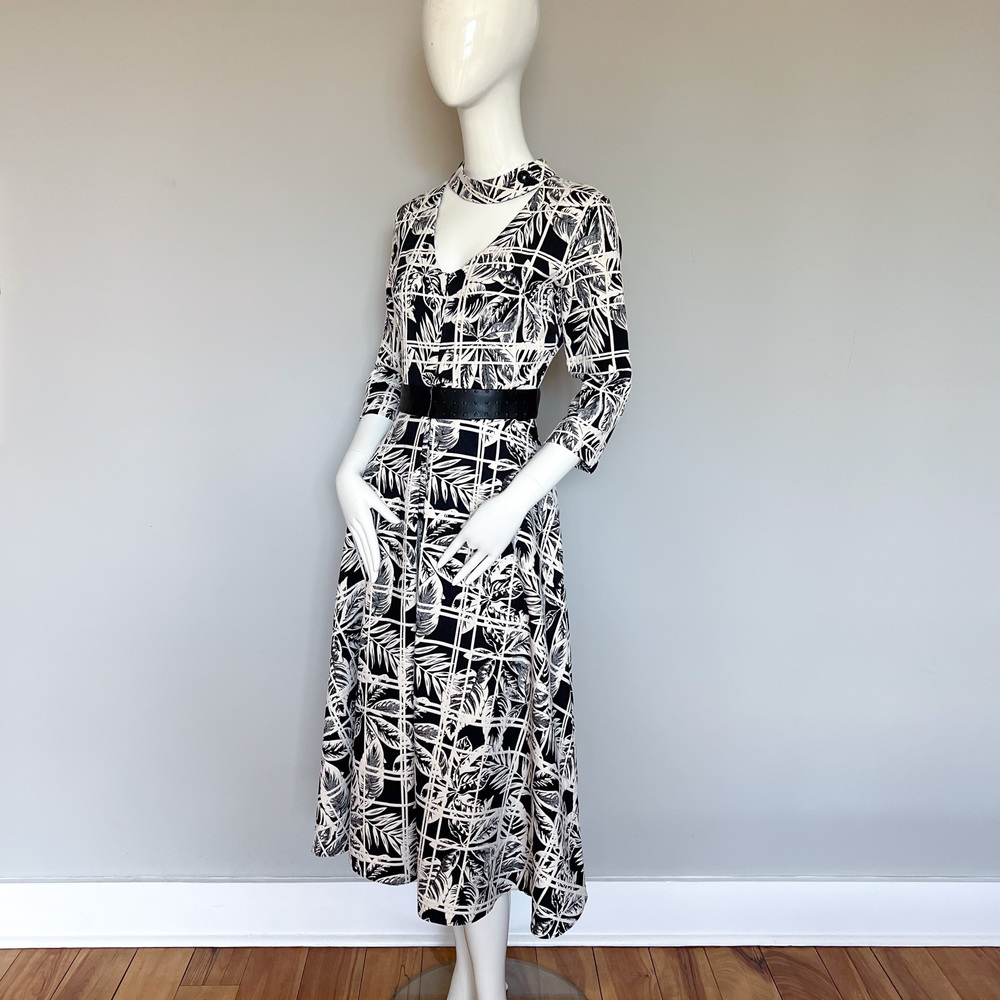 NEW Behcetti Black Cream Leaf Print Midi Dress 3/4 Sleeve A-Line US10